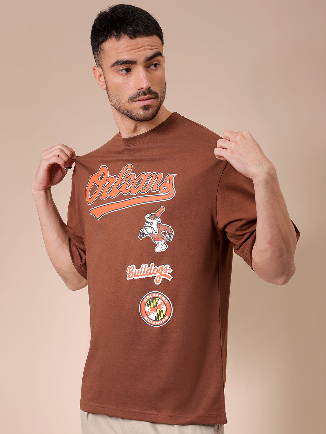 Men's Brown Oversized Placement Printed T-Shirt