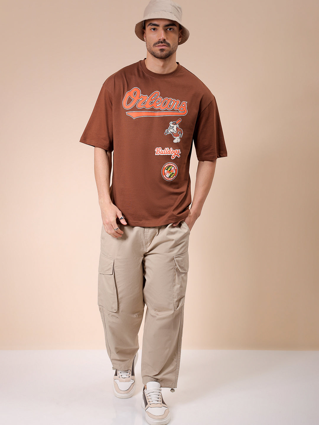 Men's Brown Oversized Placement Printed T-Shirt