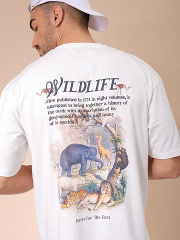 Men's White Boxy Oversized Graphic Back Printed Round Neck T-shirt