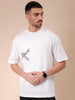 Men's White Boxy Oversized Graphic Back Printed Round Neck T-shirt