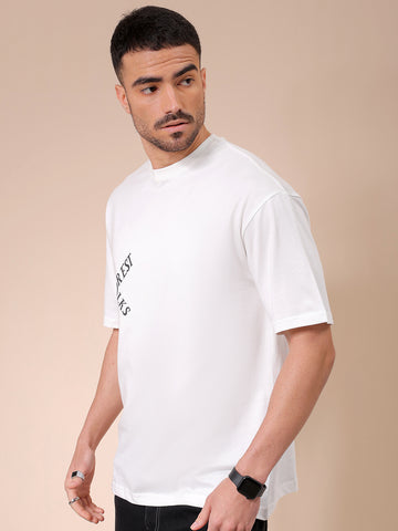Men's White Boxy Oversized Graphic Back Printed Round Neck T-shirt