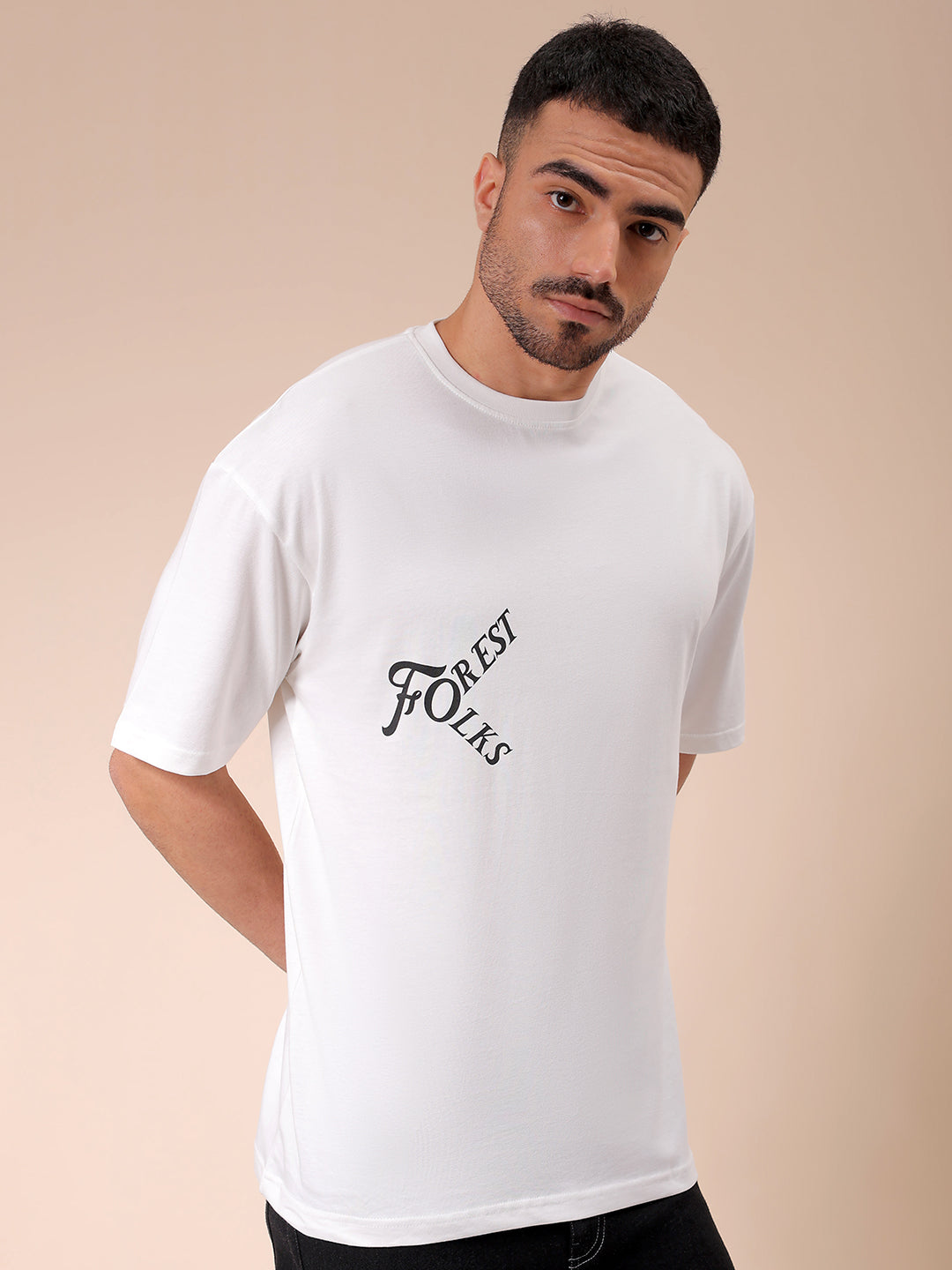 Men's White Oversized Graphic Back Printed T-Shirt