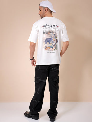 Men's White Boxy Oversized Graphic Back Printed Round Neck T-shirt