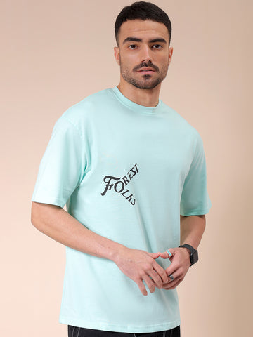 Men's Green Boxy Oversized Graphic Back Printed Round Neck T-shirt