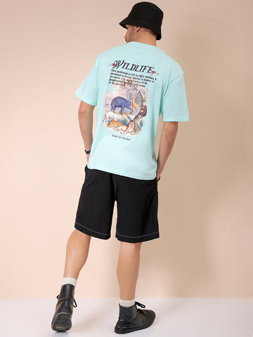 Men's Green Boxy Oversized Graphic Back Printed Round Neck T-shirt