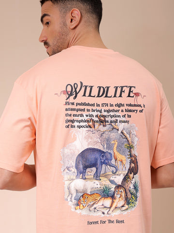 Men's Peach Boxy Oversized Graphic Back Printed Round Neck T-shirt