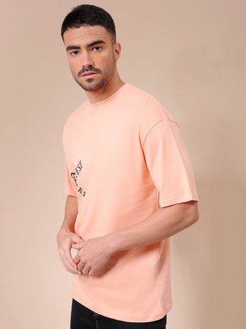 Men's Peach Boxy Oversized Graphic Back Printed Round Neck T-shirt