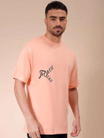 Men's Peach Boxy Oversized Graphic Back Printed Round Neck T-shirt