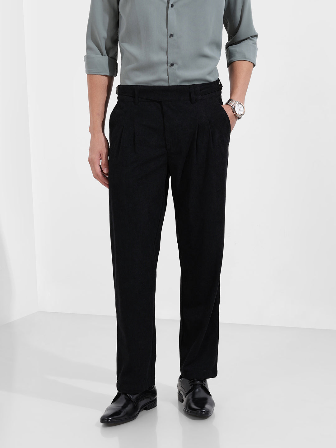 Men's Black Relaxed Fit Casual Textured Trousers