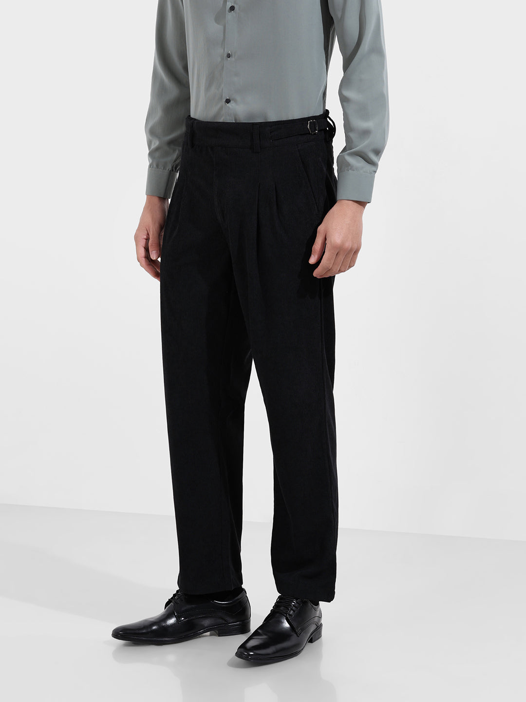 Men's Black Relaxed Fit Casual Textured Trousers