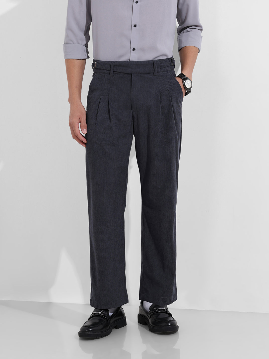 Men's Grey Relaxed Fit Casual Textured Trousers