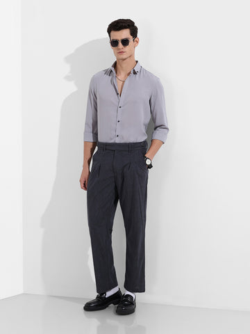 Men's Grey Relaxed Fit Casual Textured Trousers