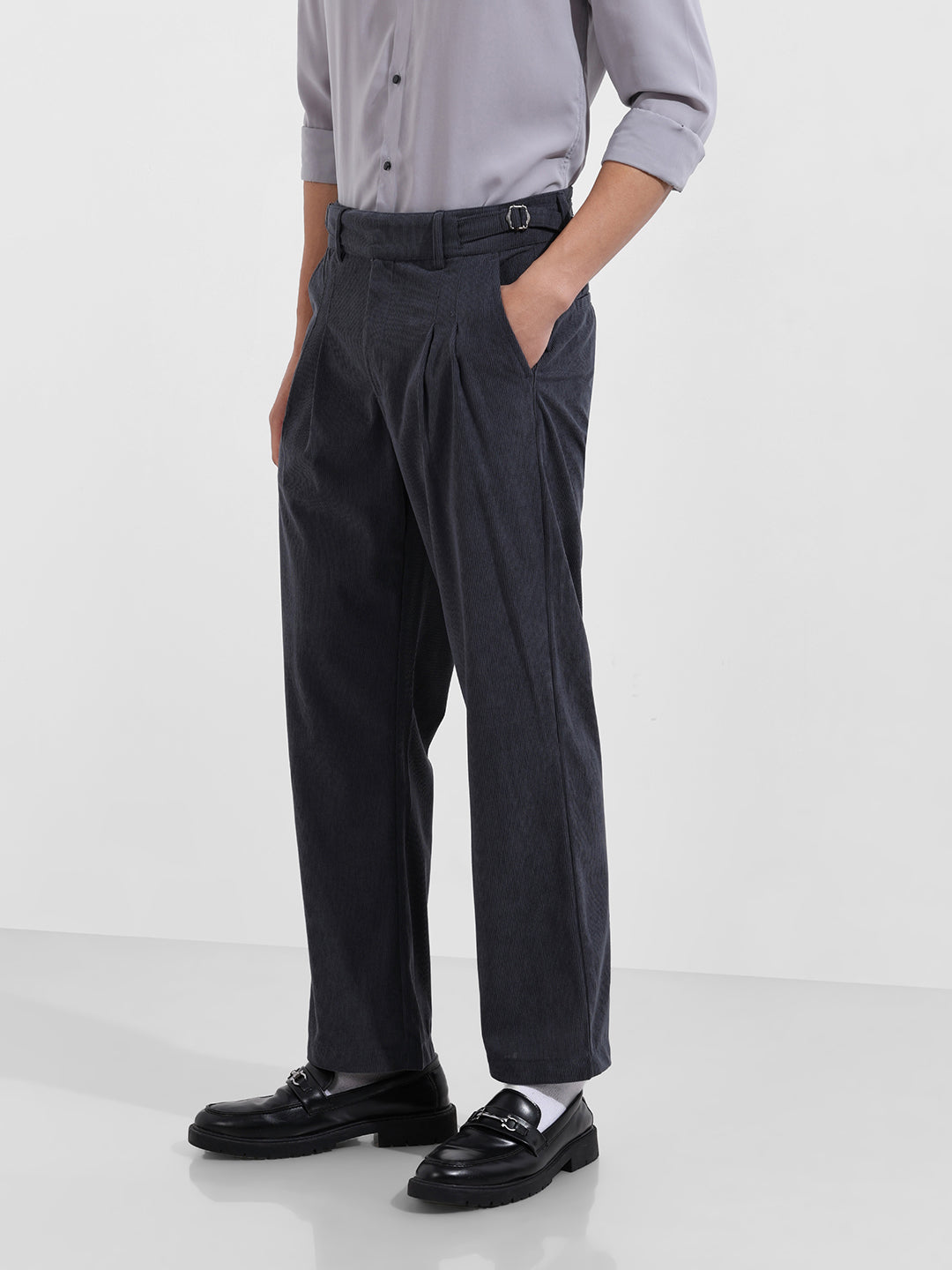 Men's Grey Relaxed Fit Casual Textured Trousers