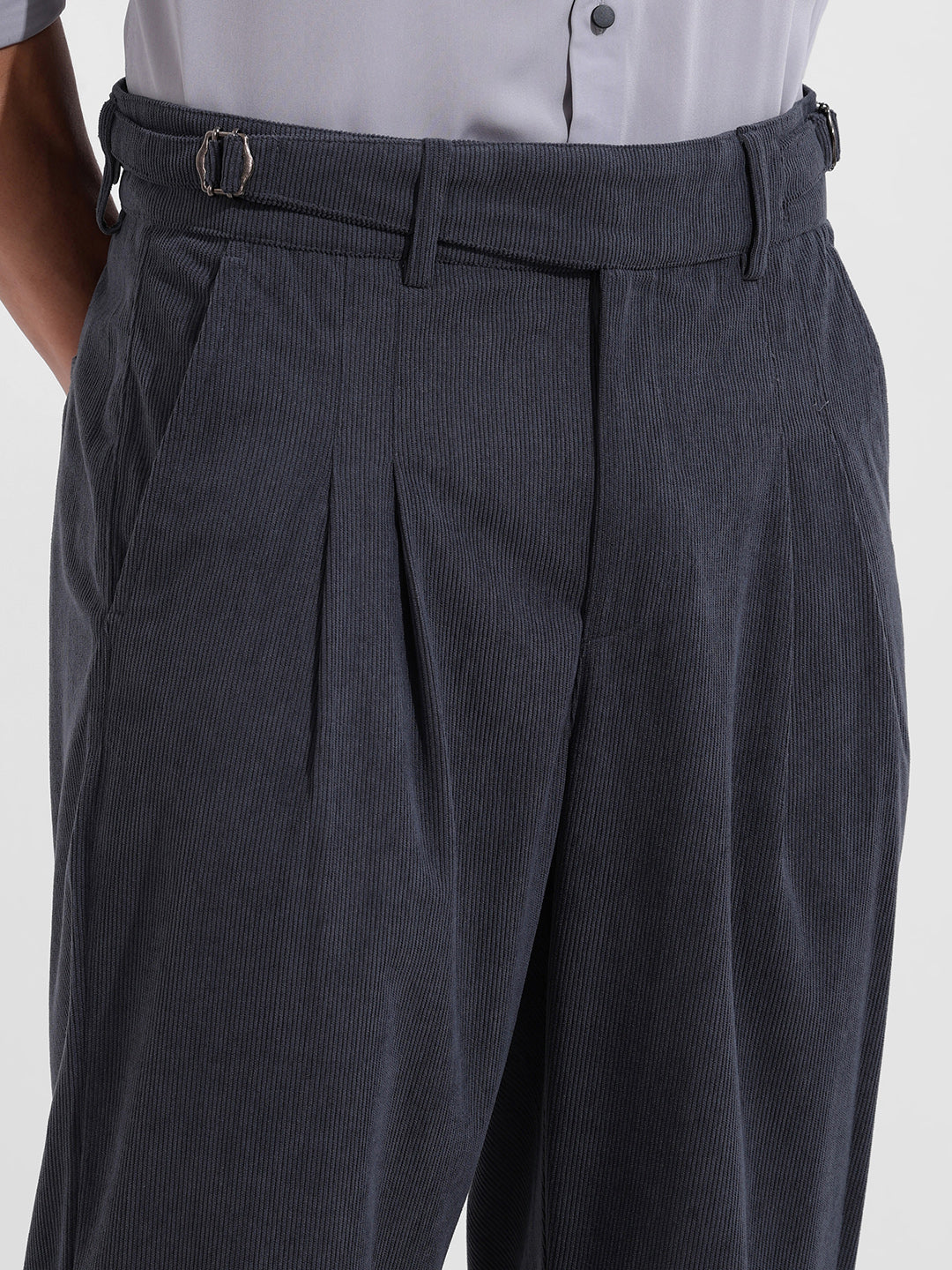 Men's Grey Relaxed Fit Casual Textured Trousers