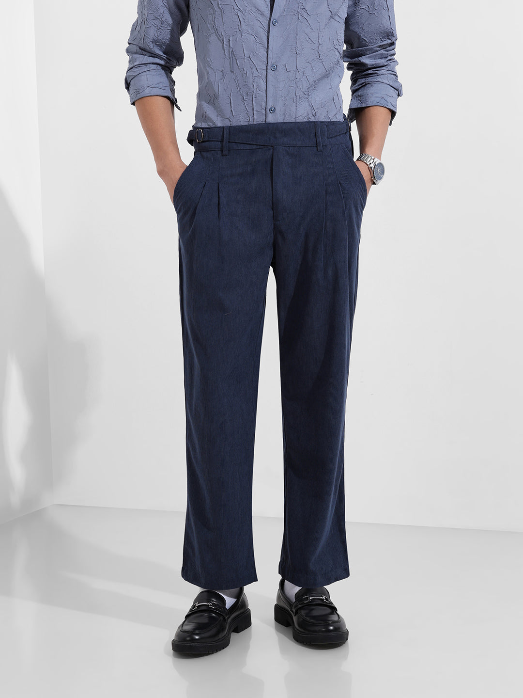 Men's Blue Relaxed Fit Casual Textured Trousers