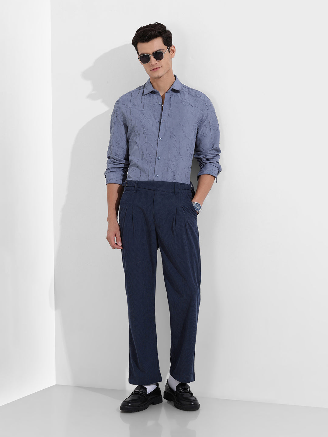 Men's Blue Relaxed Fit Casual Textured Trousers