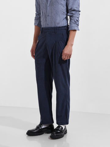 Men's Blue Relaxed Fit Casual Textured Trousers