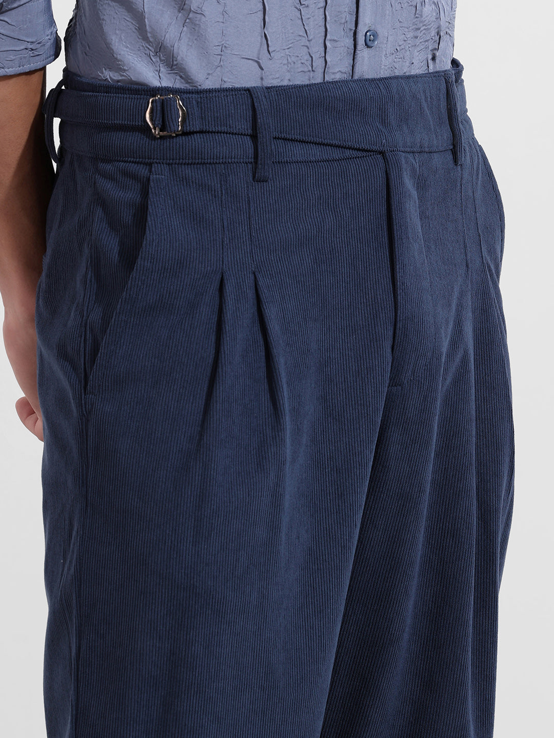 Men's Blue Relaxed Fit Casual Textured Trousers