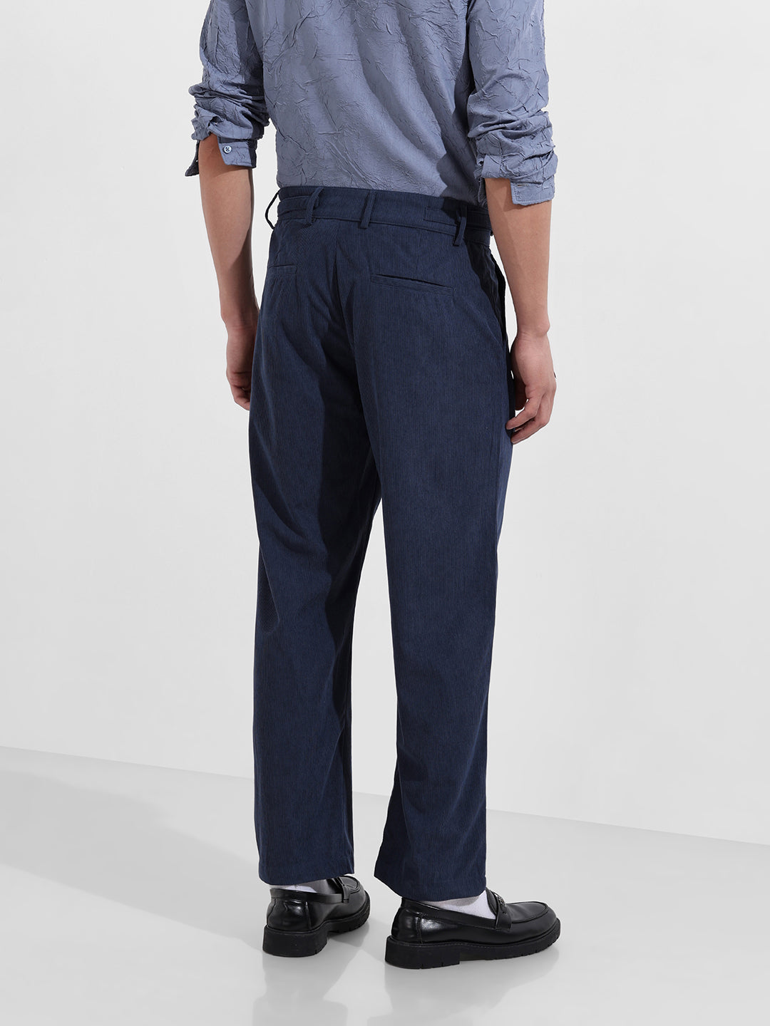 Men's Blue Relaxed Fit Casual Textured Trousers