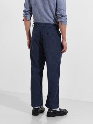 Men's Blue Relaxed Fit Casual Textured Trousers