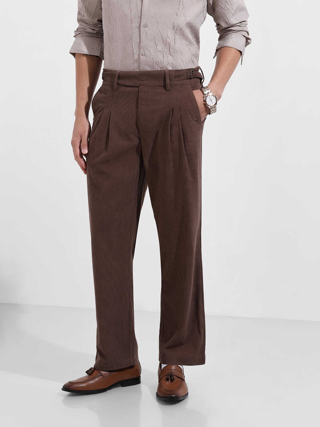 Men's Brown Relaxed Fit Casual Textured Trousers