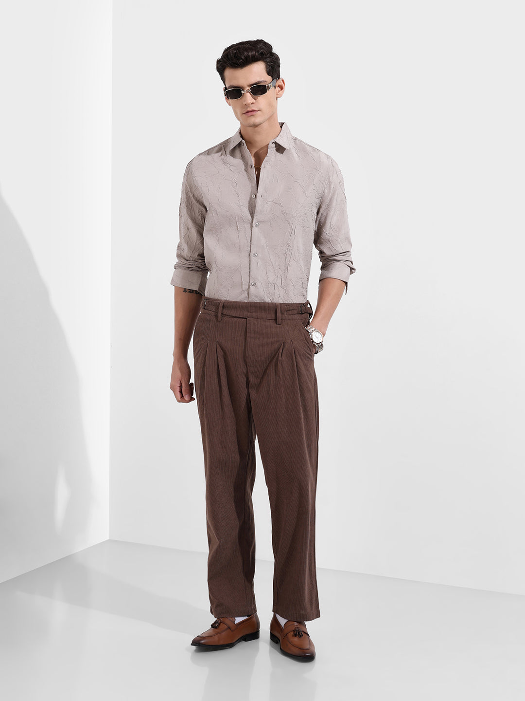 Men's Brown Relaxed Fit Casual Textured Trousers