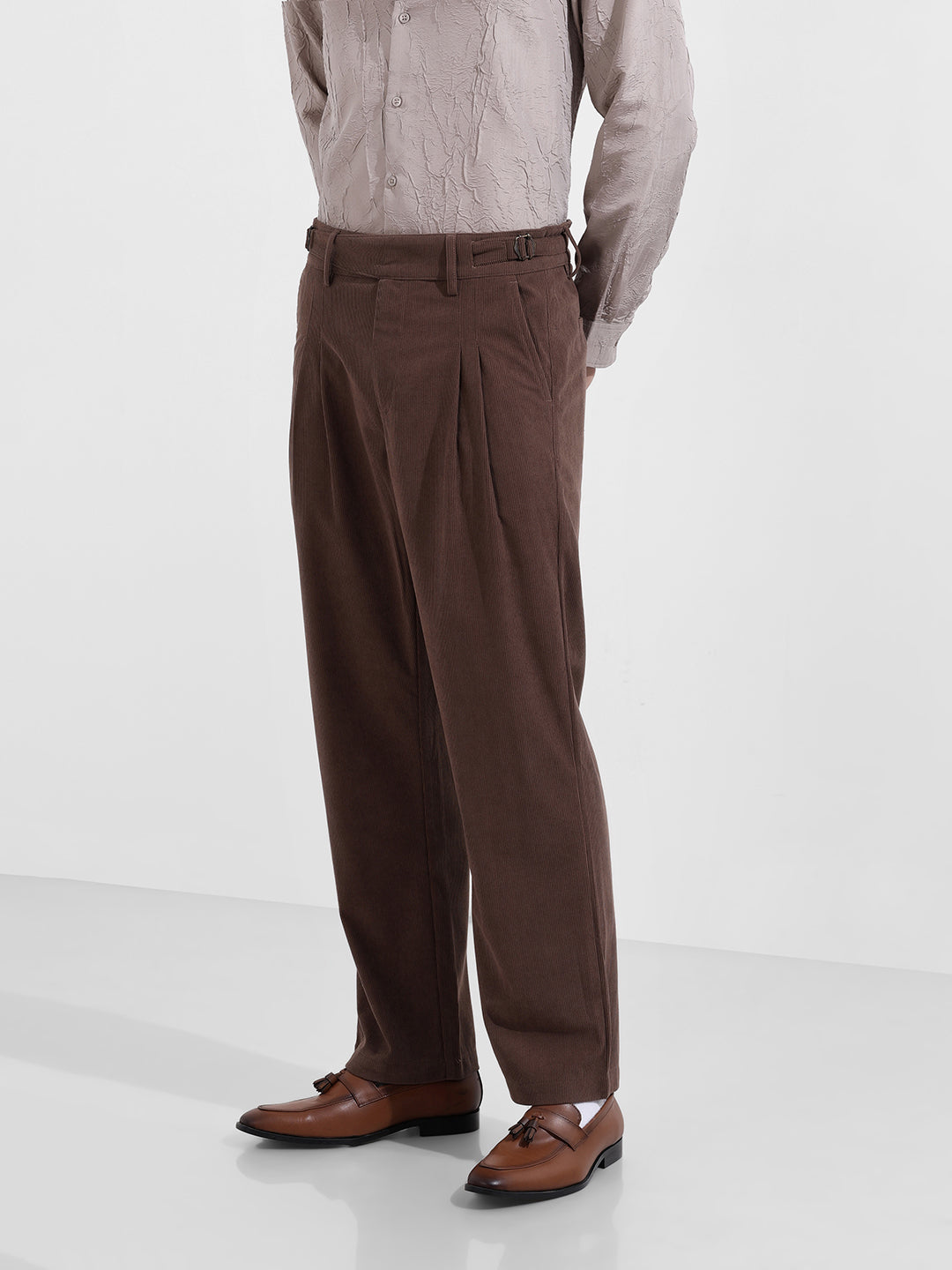 Men's Brown Relaxed Fit Casual Textured Trousers