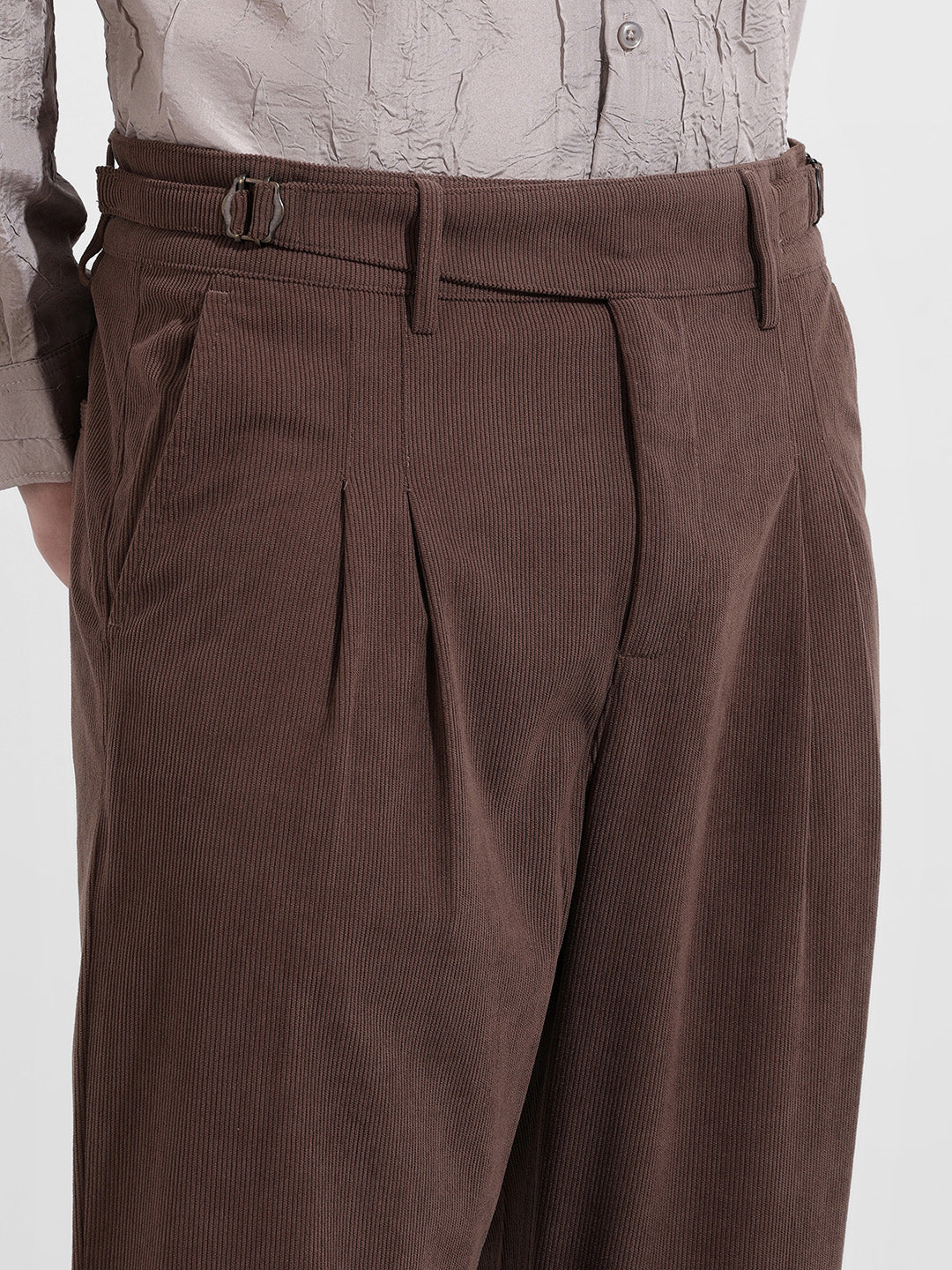 Men's Brown Relaxed Fit Casual Textured Trousers