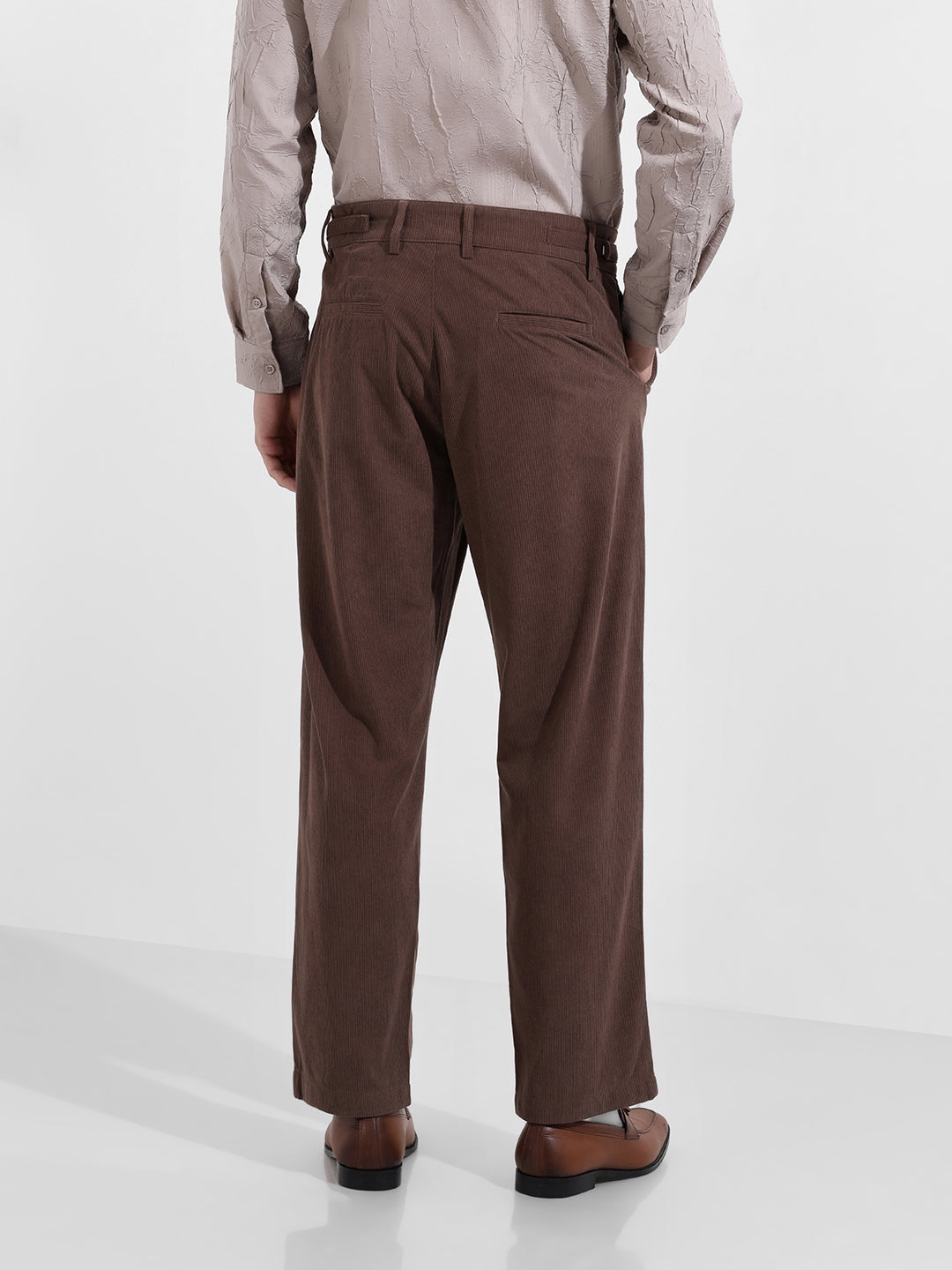 Men's Brown Relaxed Fit Casual Textured Trousers