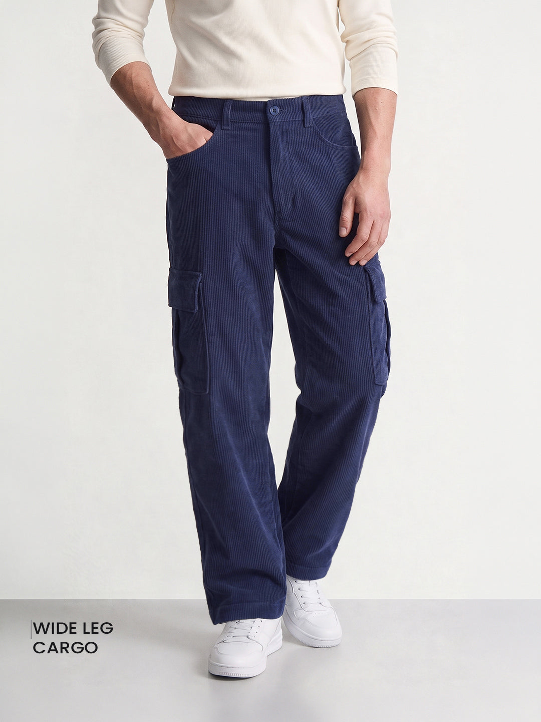Men's Blue Wide Leg Fit Solid Casual Cargo
