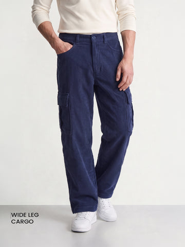Men's Blue Wide Leg Fit Solid Casual Cargo