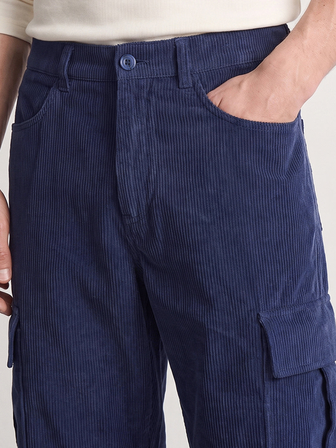 Men's Blue Wide Leg Fit Solid Casual Cargo