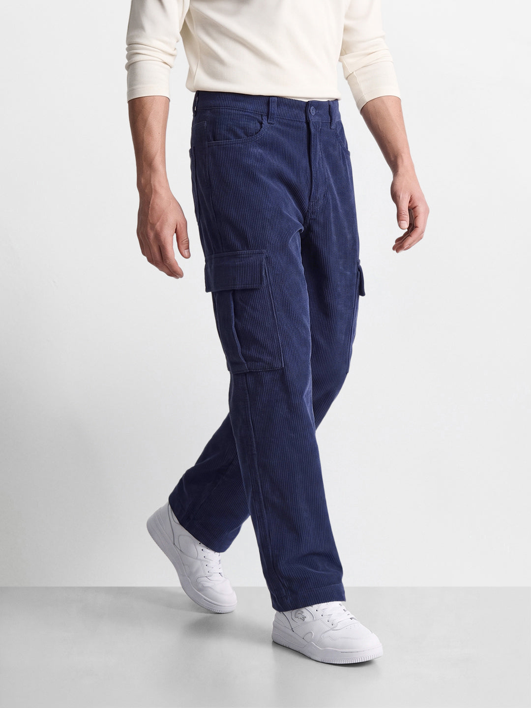 Men's Blue Wide Leg Fit Solid Casual Cargo