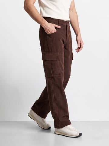 Men's Brown Wide Leg Fit Solid Casual Cargo