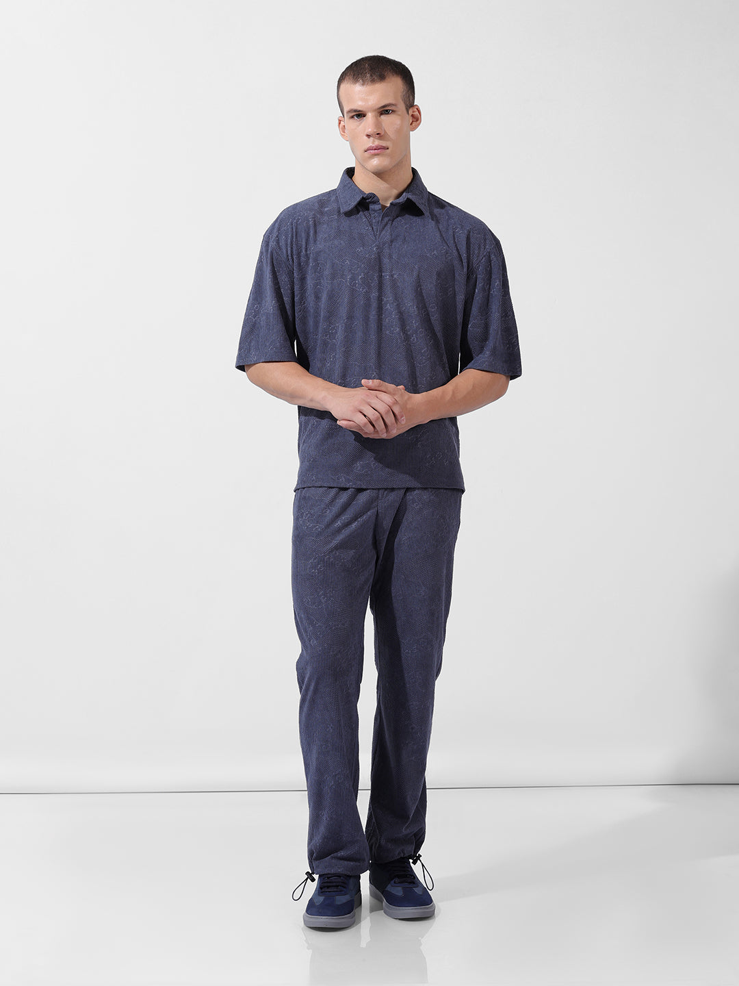 Men's Navy Blue Relaxed Fit Textured Street Coordinates