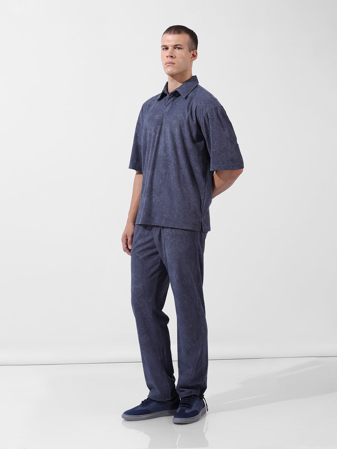 Men's Navy Blue Relaxed Fit Textured Street Coordinates