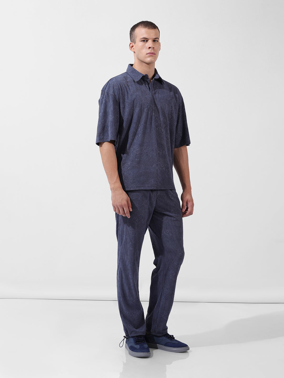 Men's Navy Blue Relaxed Fit Textured Street Coordinates