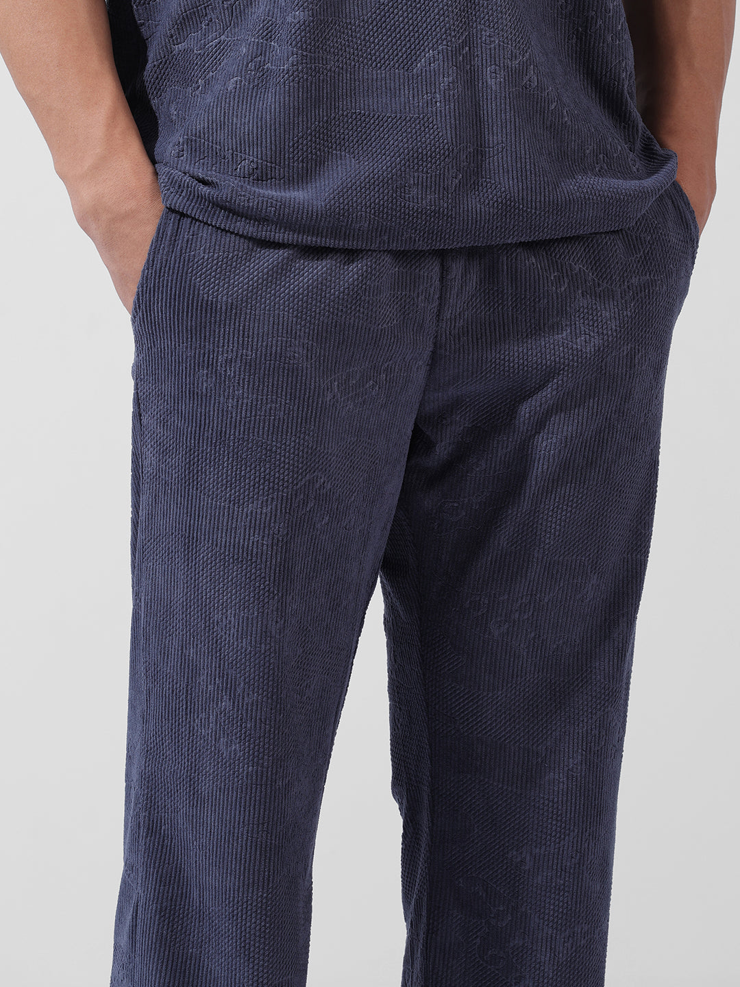 Men's Navy Blue Relaxed Fit Textured Street Coordinates
