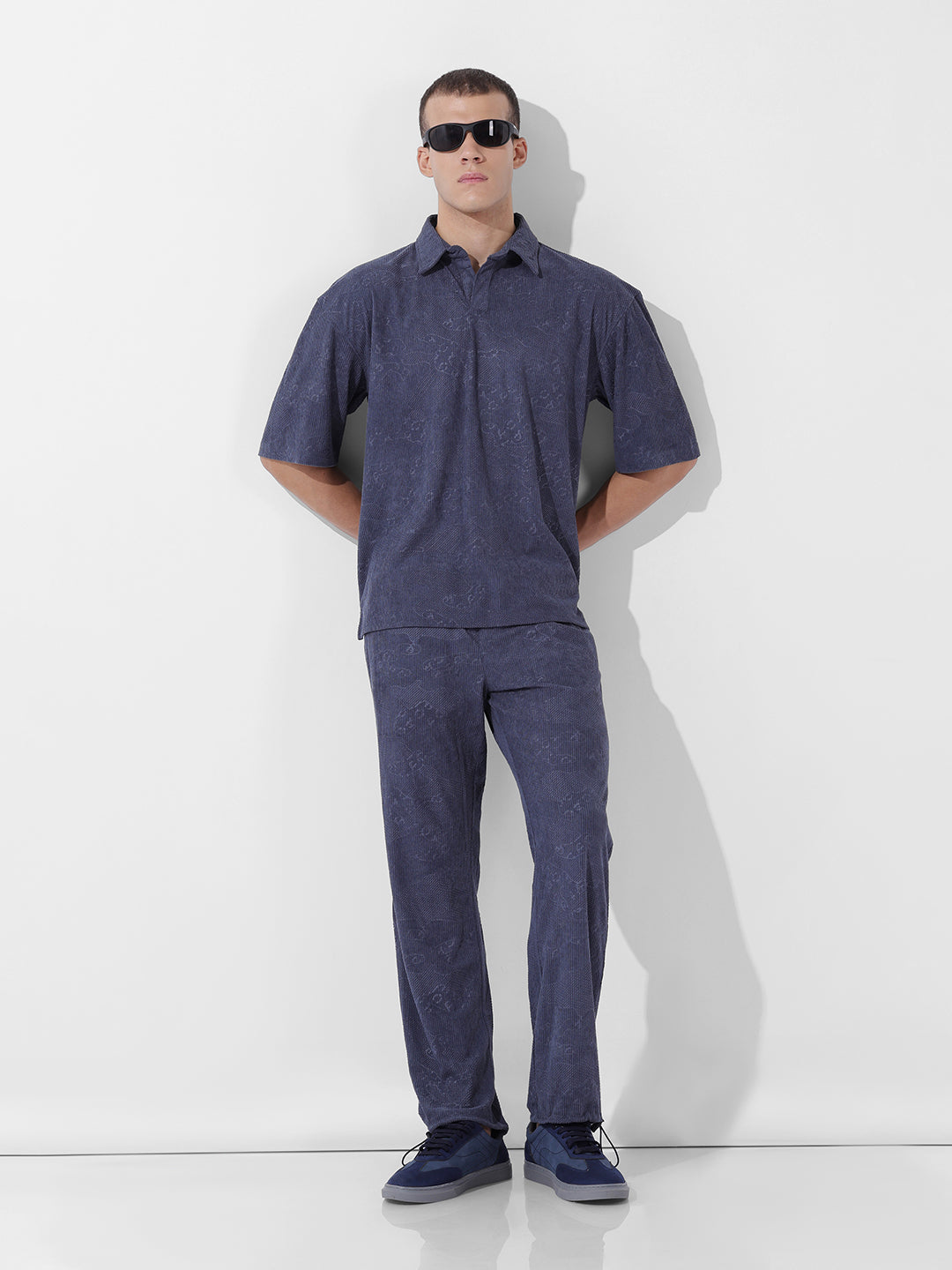 Men's Navy Blue Relaxed Fit Textured Street Coordinates
