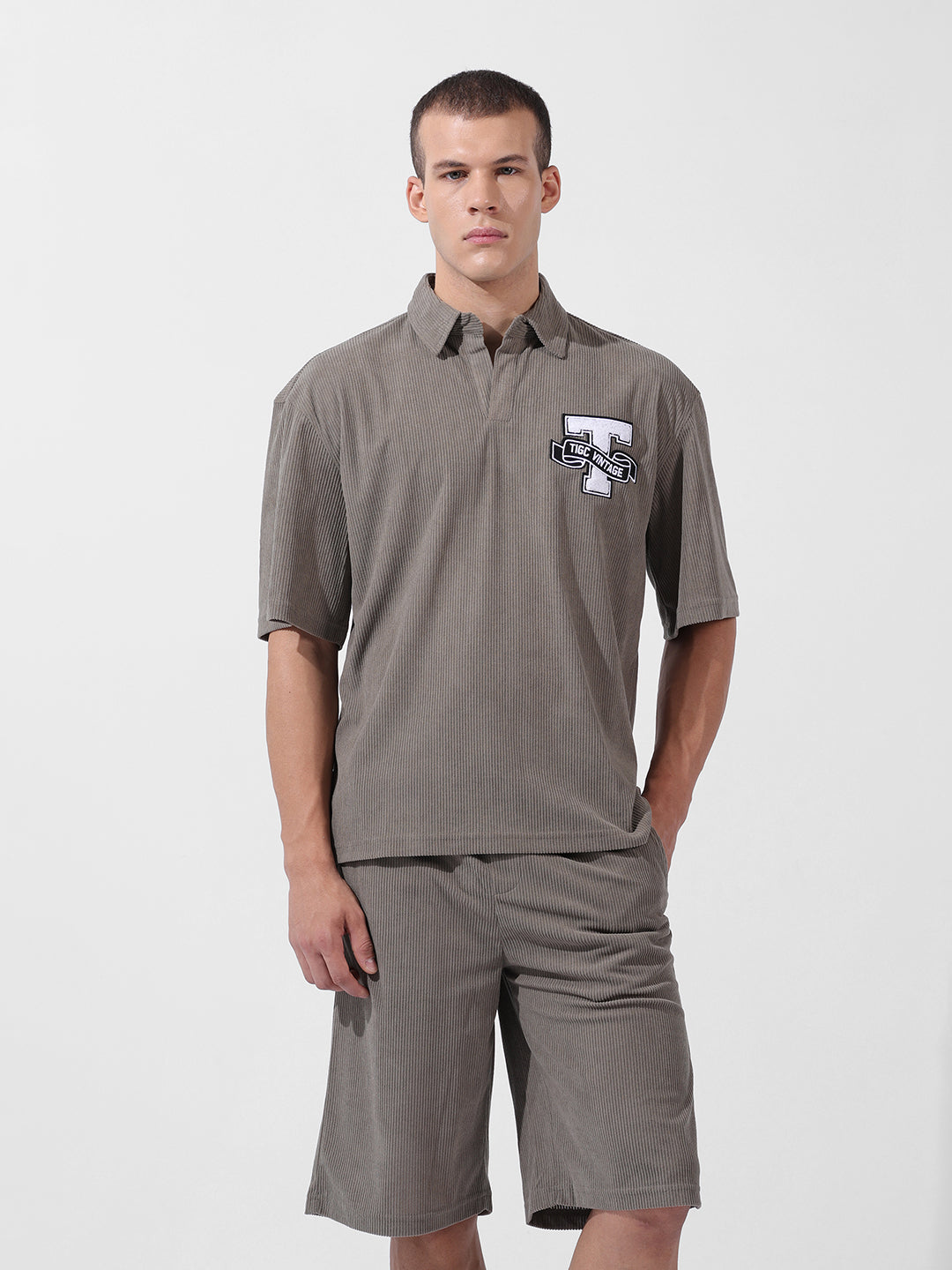 Men's Grey Relaxed Fit Solid Varsity Coordinates
