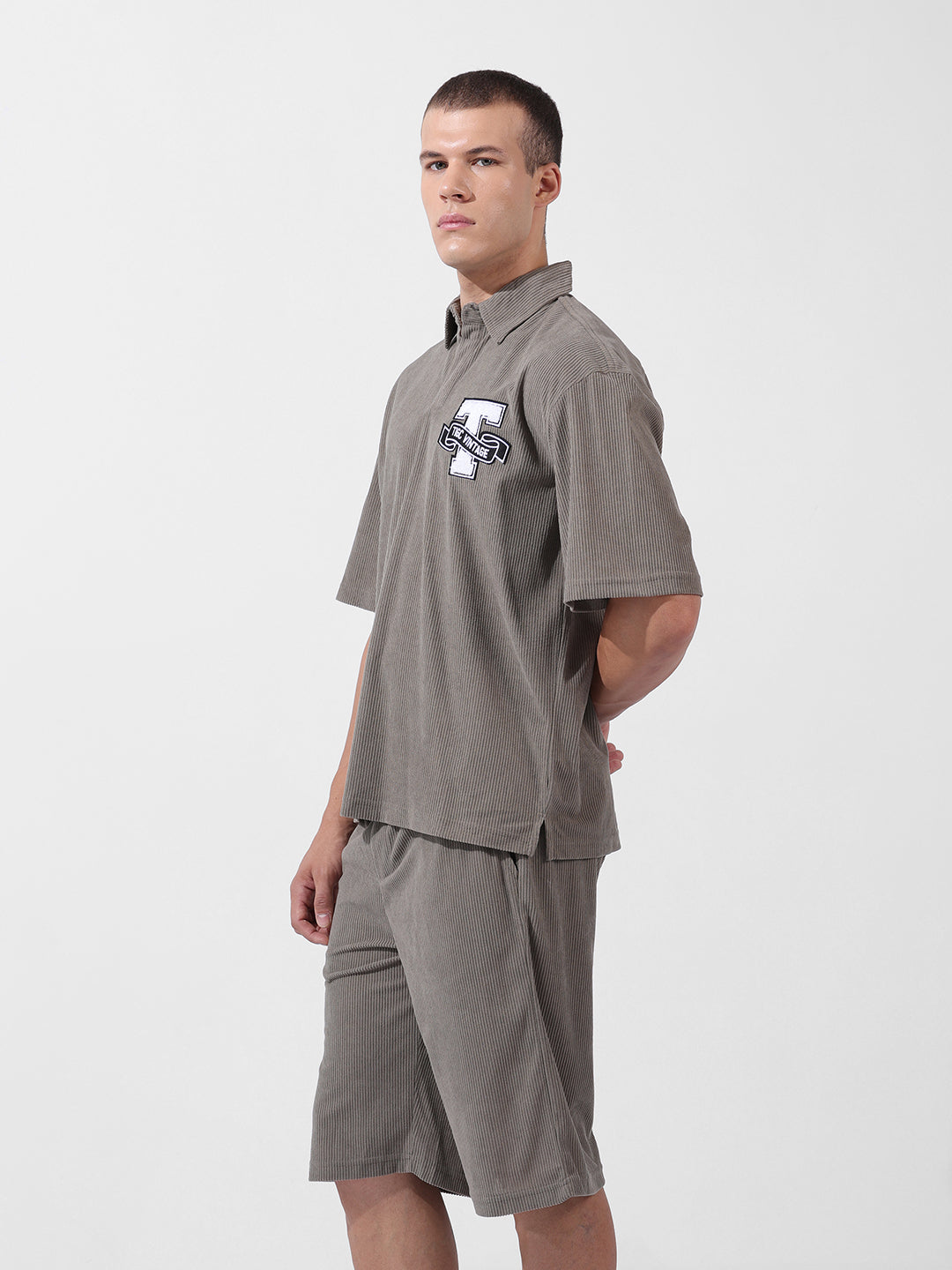 Men's Grey Relaxed Fit Solid Varsity Coordinates