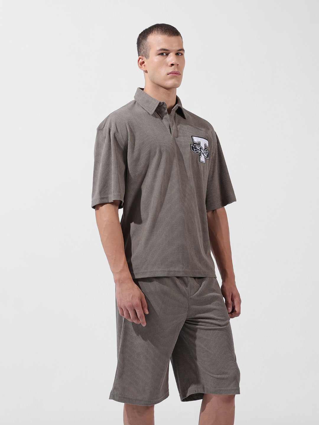 Men's Grey Relaxed Fit Solid Varsity Coordinates