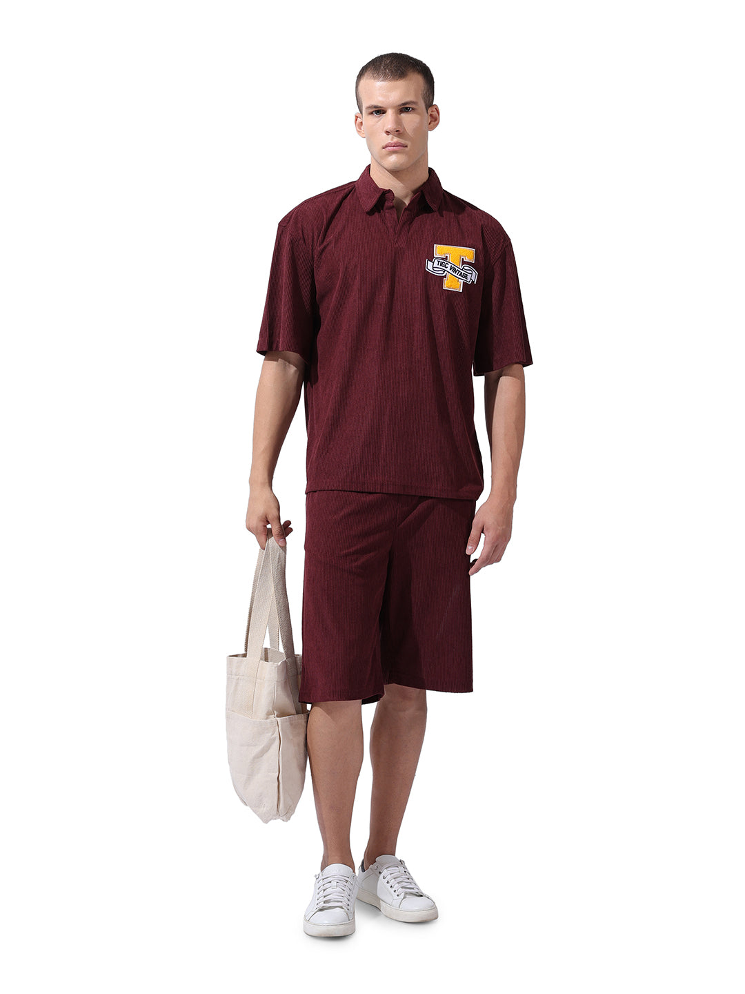 Men's Maroon Relaxed Fit Solid Varsity Coordinates