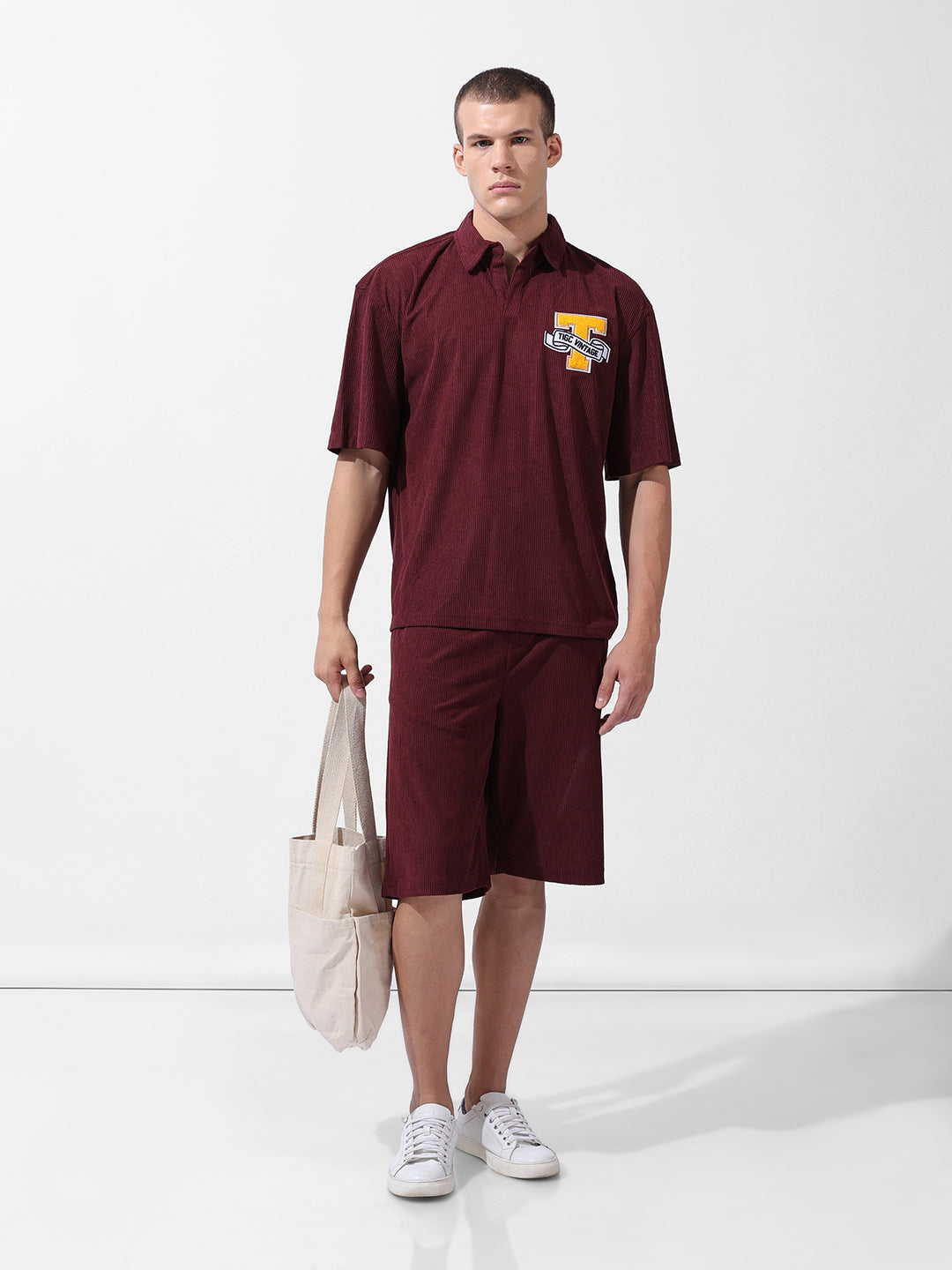 Men's Maroon Relaxed Fit Solid Varsity Coordinates