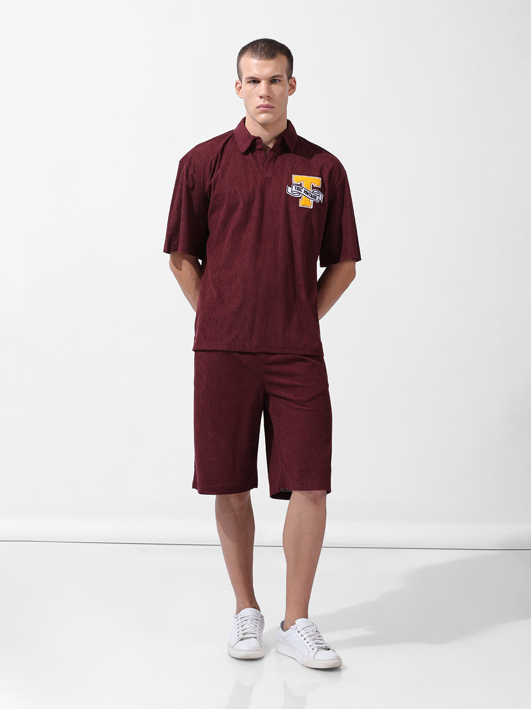 Men's Maroon Relaxed Fit Solid Varsity Coordinates