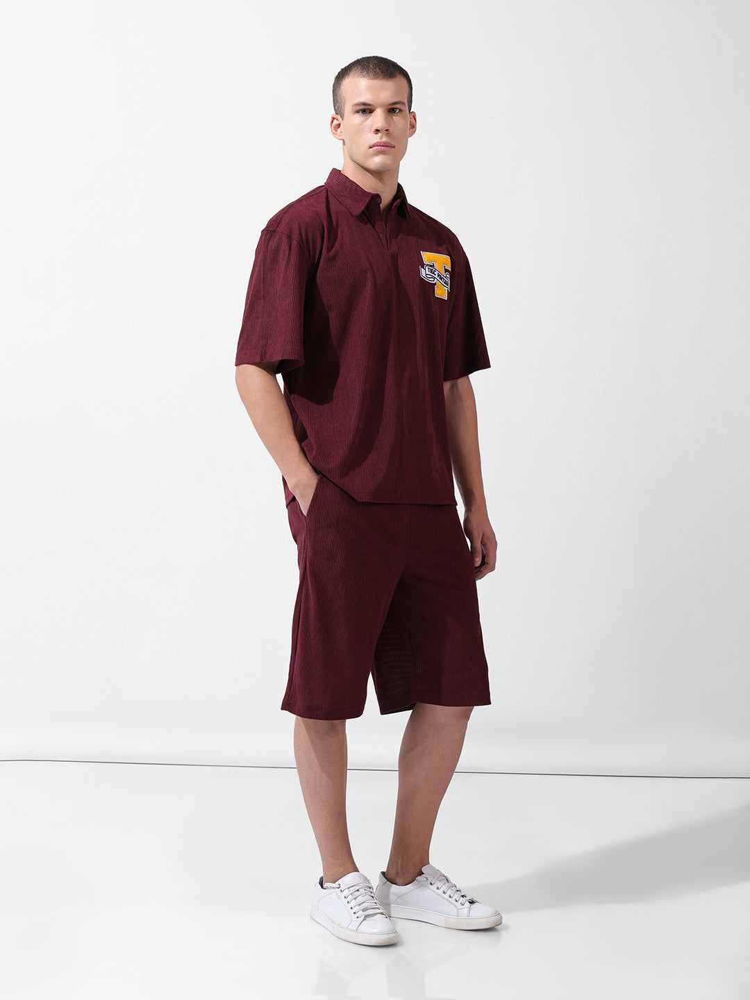Men's Maroon Relaxed Fit Solid Varsity Coordinates