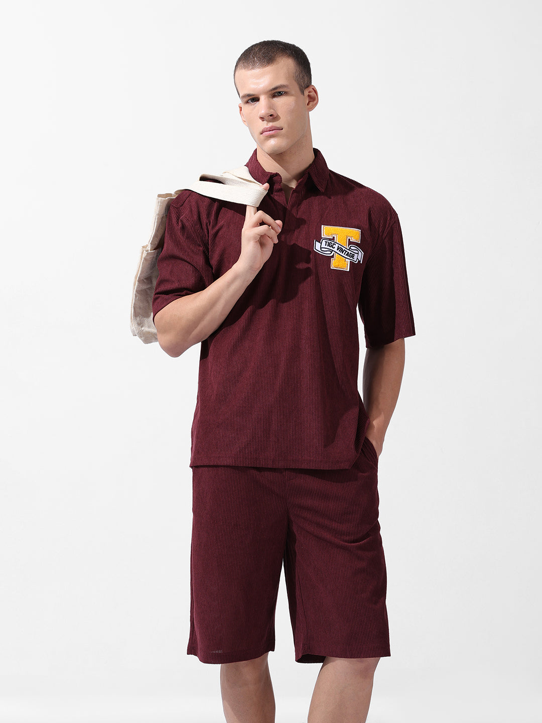 Men's Maroon Relaxed Fit Solid Varsity Coordinates