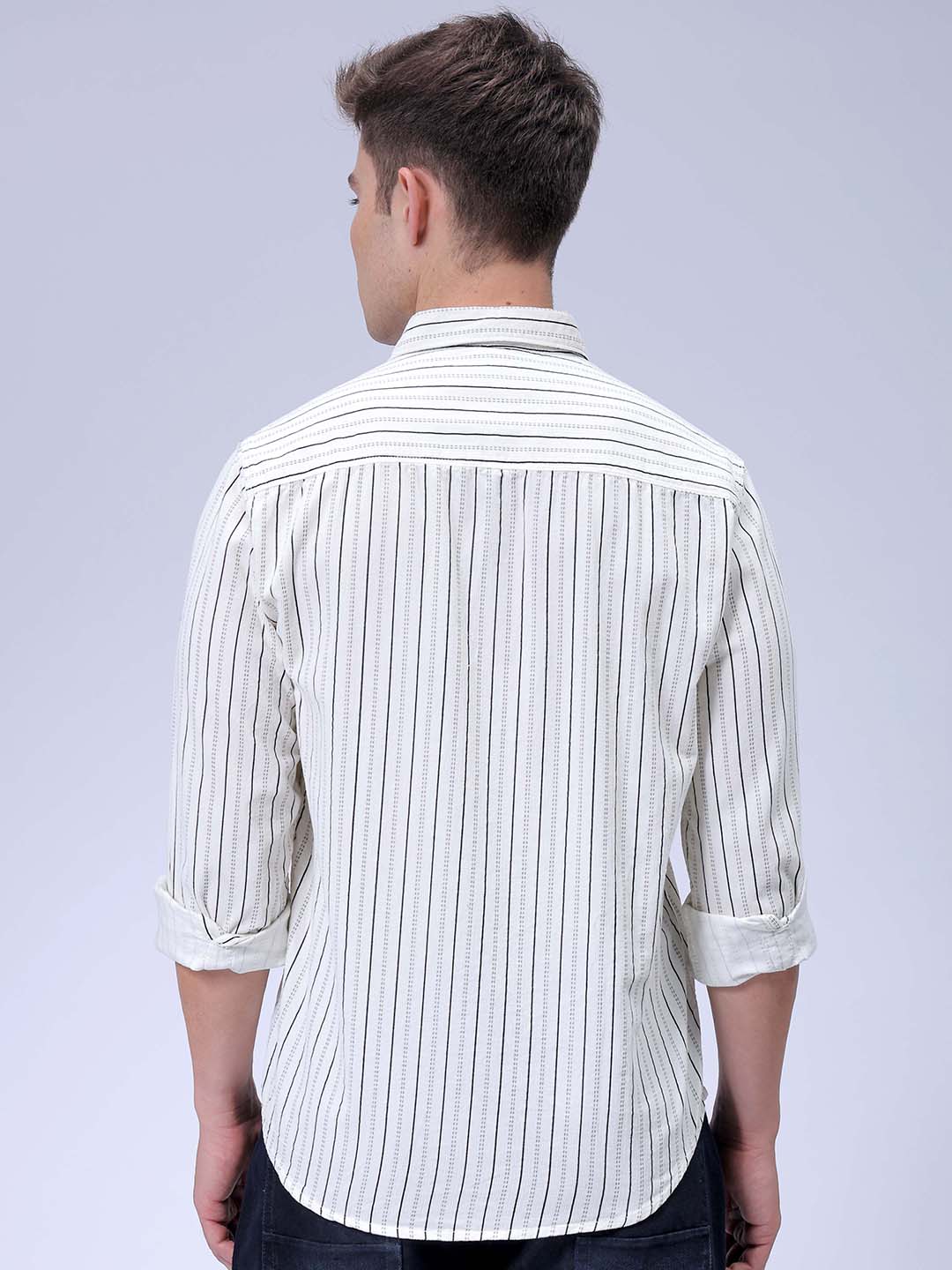 Men's Cream Regular Fit Striped Corduroy Casual Overshirt