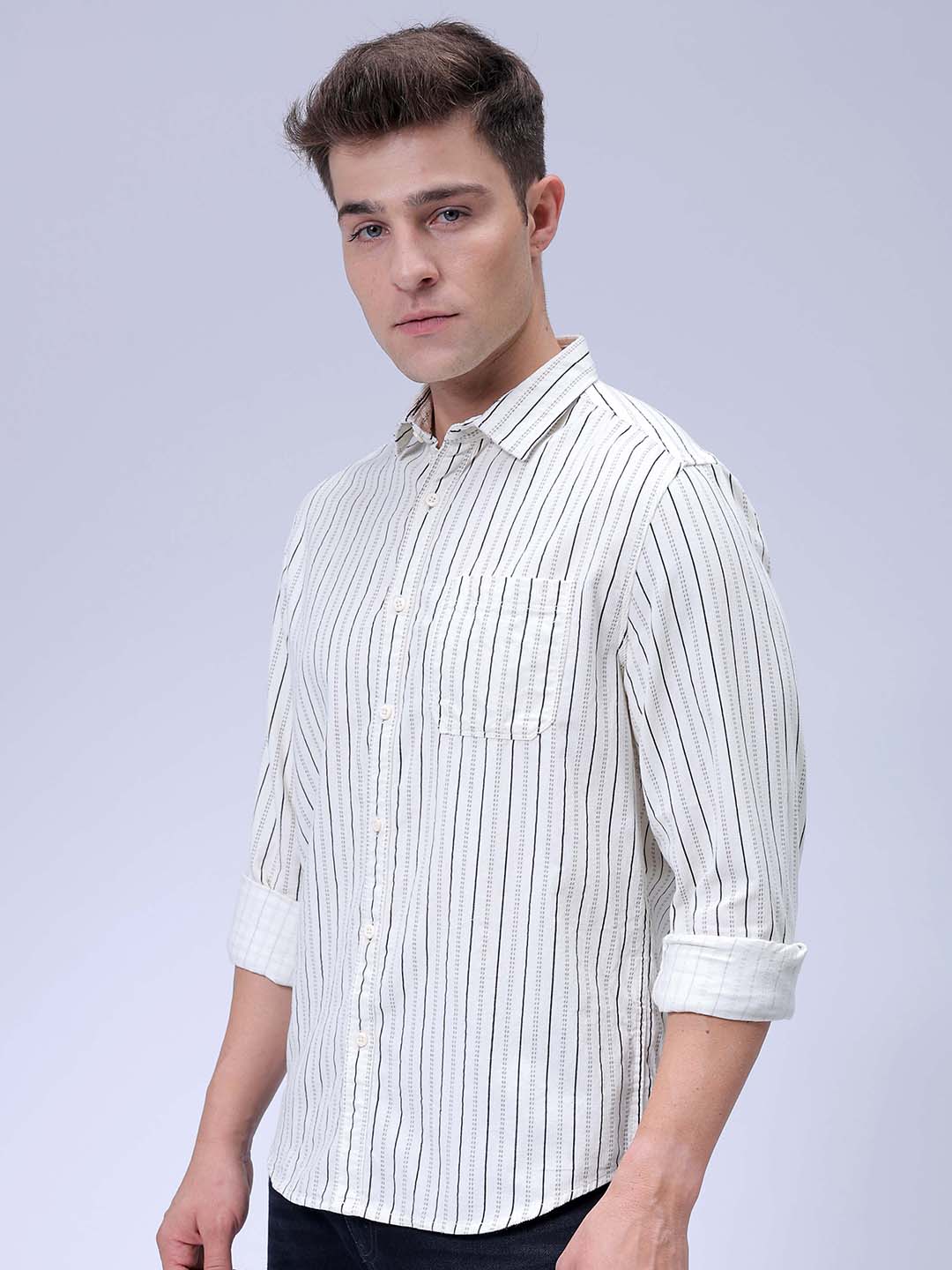 Men's Cream Regular Fit Striped Corduroy Casual Overshirt