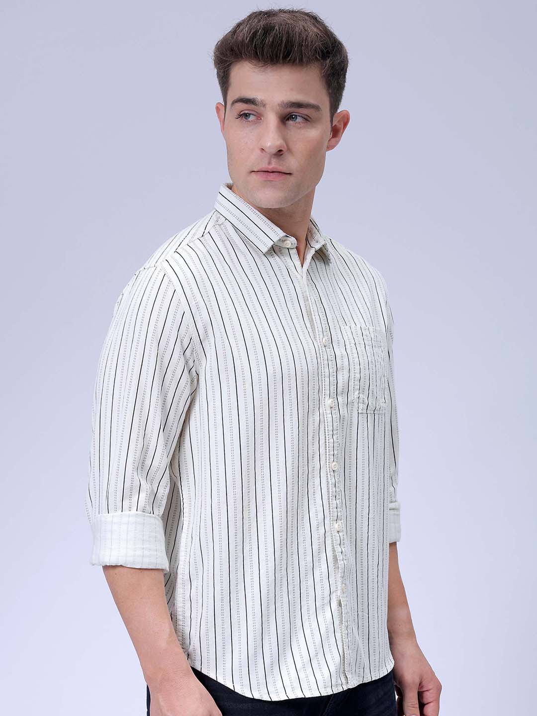 Men's Cream Regular Fit Striped Corduroy Casual Overshirt